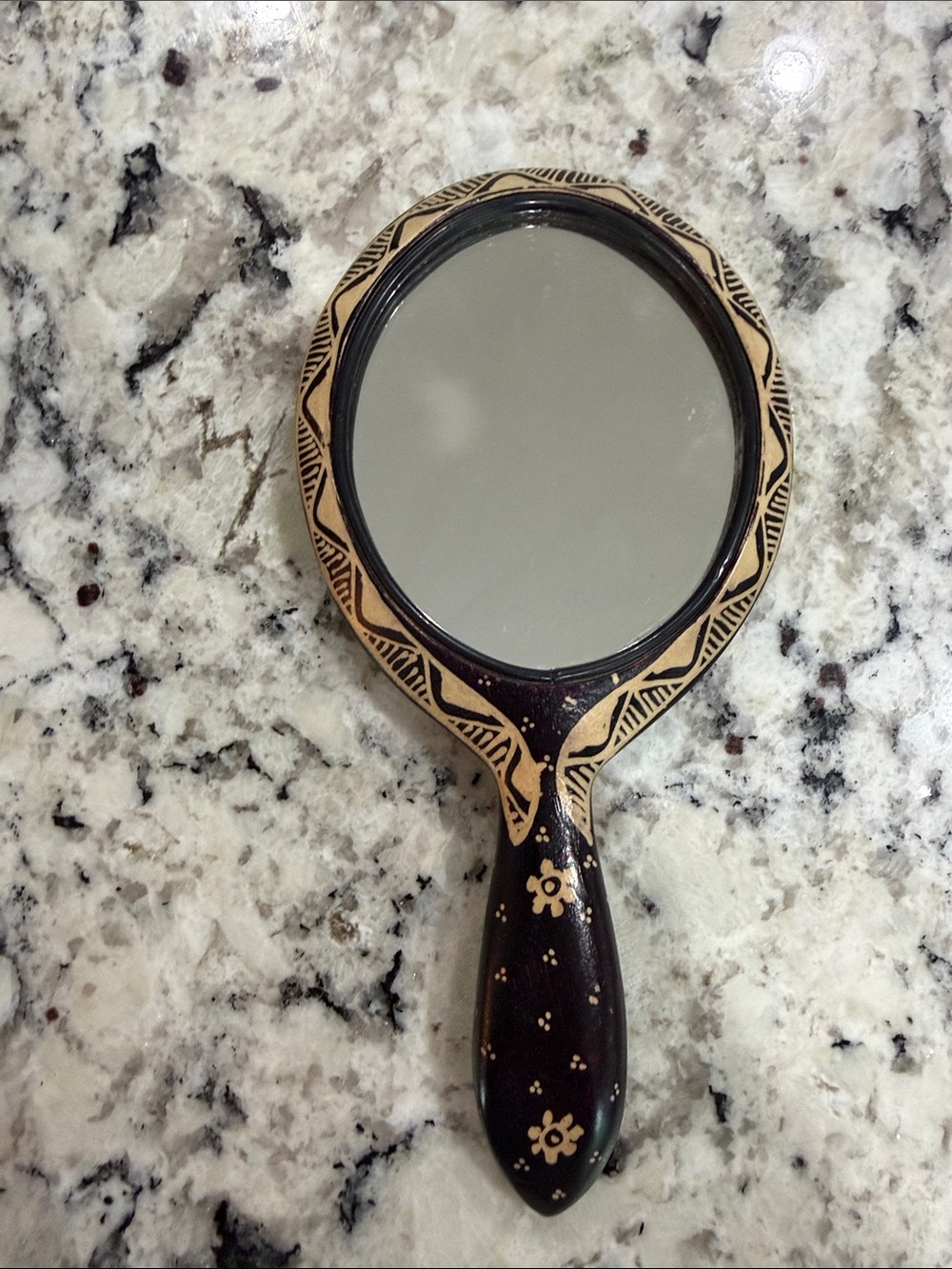 Indonesian Wood Batik Mirror in Dark Brown and Cream